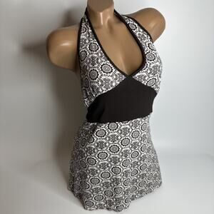 LMC Y2K Halter Mini Dress Brown White Print Tie Back Fairycore S Retro Indie